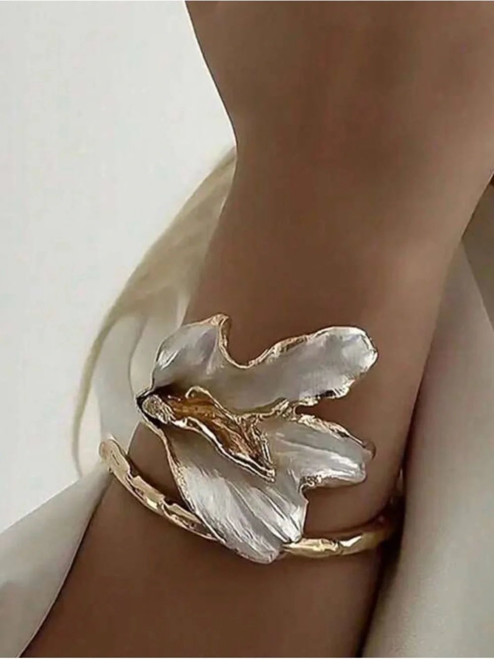 Gold and White Floral Cuff Bracelet - Elegant Women’s Jewelry